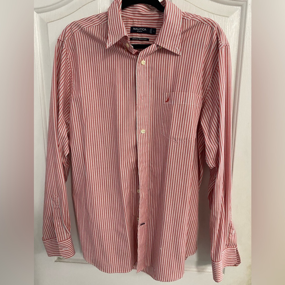 Nautica Men's Red and White Striped Button Down Shirt size large in